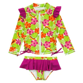 Girls Long Sleeve Rash Guard Ruffle Bottom Swimsuit Set (2 Piece) | "Hibiscus"