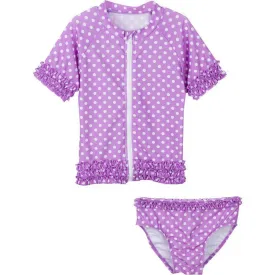 Girls Short Sleeve Rash Guard Swimsuit Set (2 Piece) - "Sassy Surfer" Purple Violet