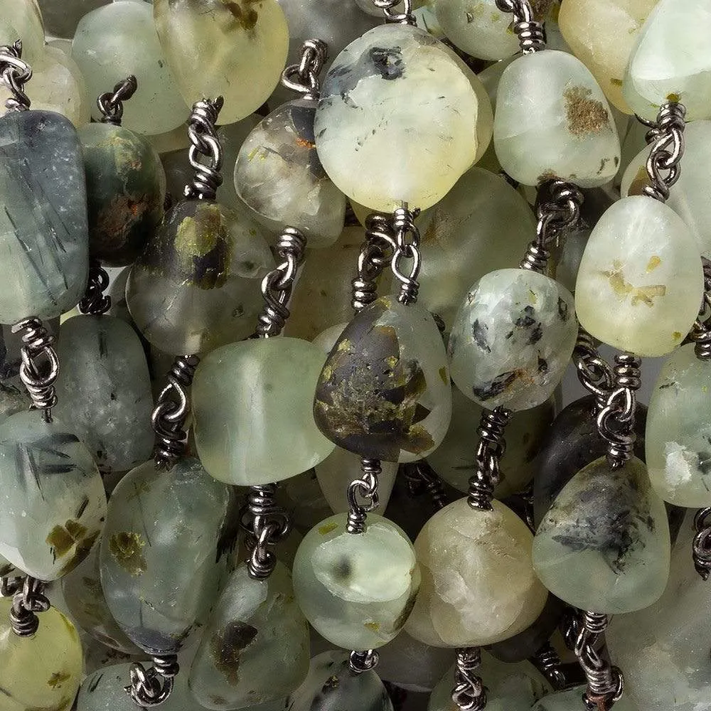 10x6-15x10mm Matte Dendritic Prehnite plain nugget Black Gold plated Chain by the foot