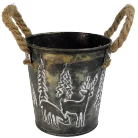 11cm Christmas Metal Round Planter Pot with Rope - Reindeer Tree Detail