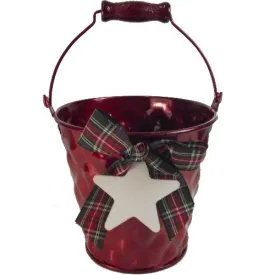 13cm Metal Bucket with Handle with Star and Tartan Ribbon - Merry Christmas