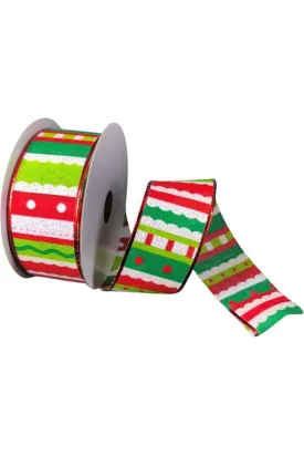 1.5" Whimsy Stripe Ribbon: Lime, Red, White (10 Yards)