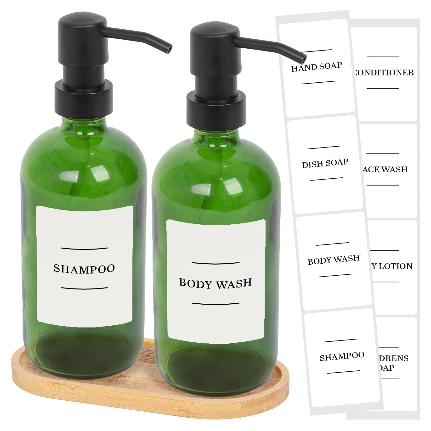 2pc Glass Soap Dispenser Set with Bamboo Tray & Labels - 500ml - By Harbour Housewares