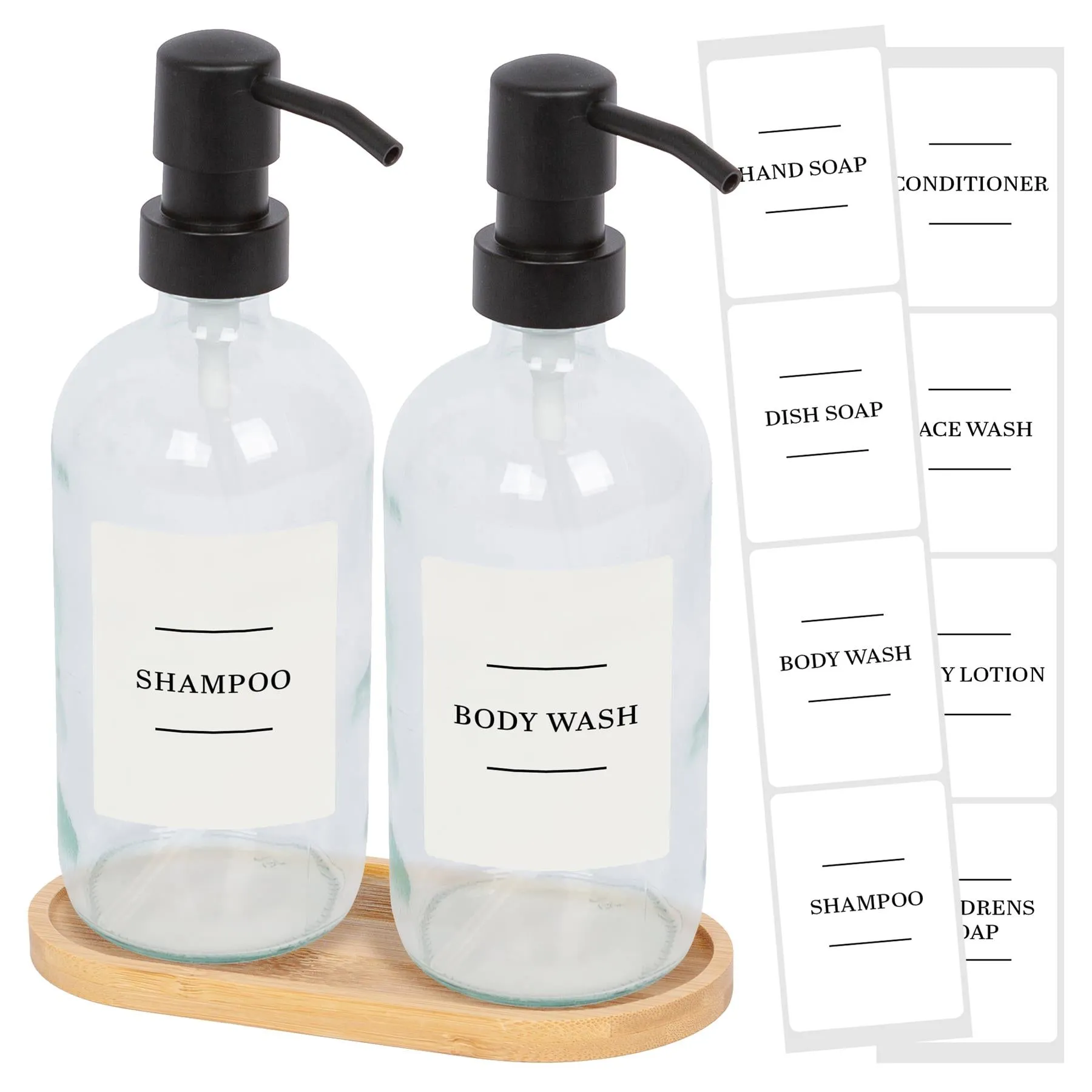 2pc Glass Soap Dispenser Set with Bamboo Tray & Labels - 500ml - By Harbour Housewares