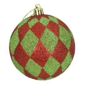 4” Apple Green / Red Harlequin Print Glitter Ball Ornament | XJB