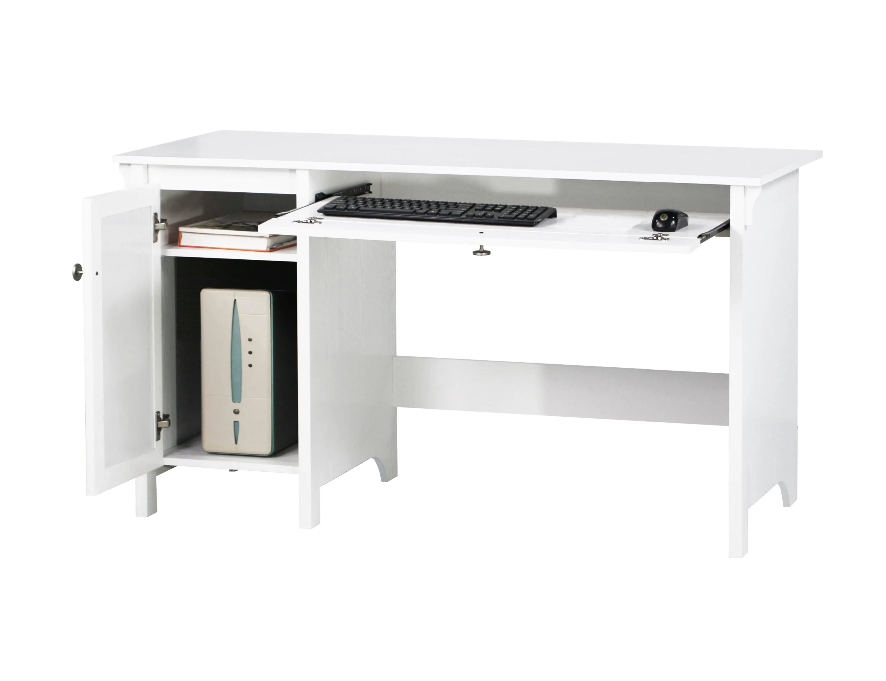 47" Elegant White Writing Desk, Multifunctional with Drawer, Modern Metal Hardware, and Cable Management