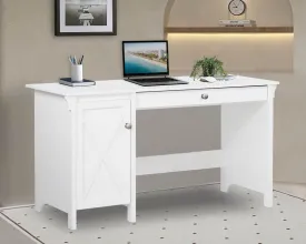 47" Elegant White Writing Desk, Multifunctional with Drawer, Modern Metal Hardware, and Cable Management