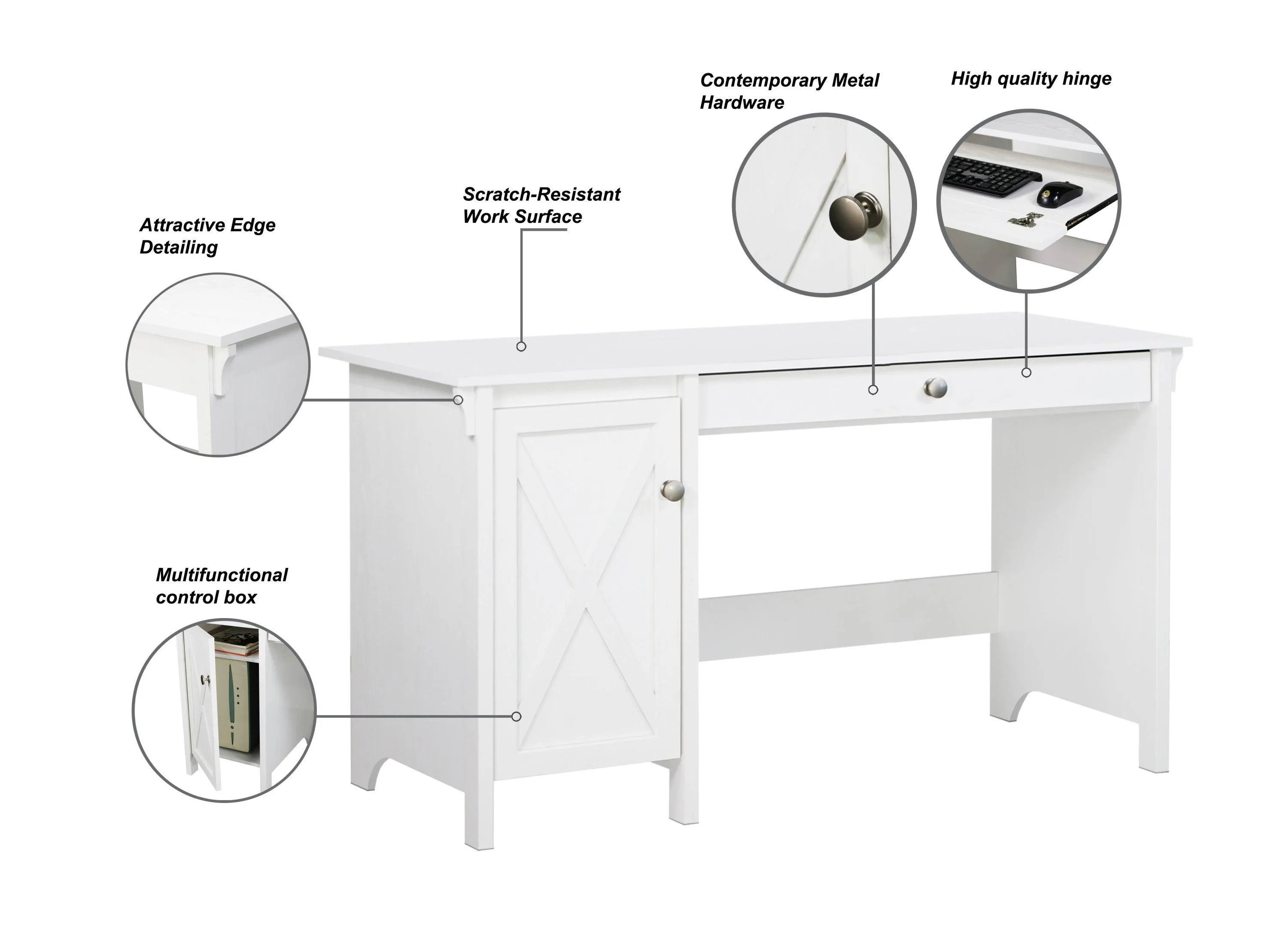 47" Elegant White Writing Desk, Multifunctional with Drawer, Modern Metal Hardware, and Cable Management