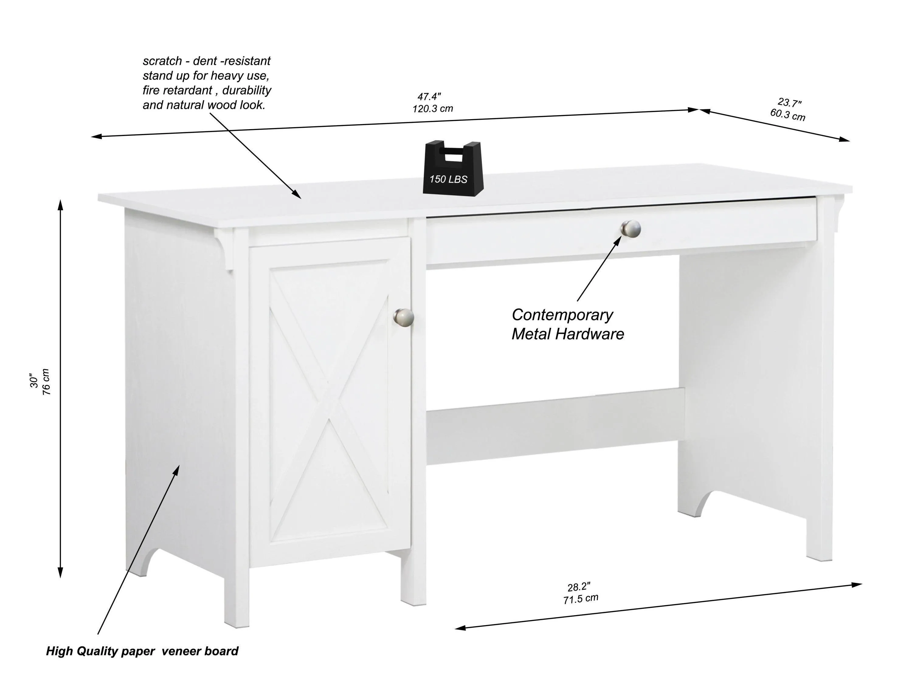 47" Elegant White Writing Desk, Multifunctional with Drawer, Modern Metal Hardware, and Cable Management