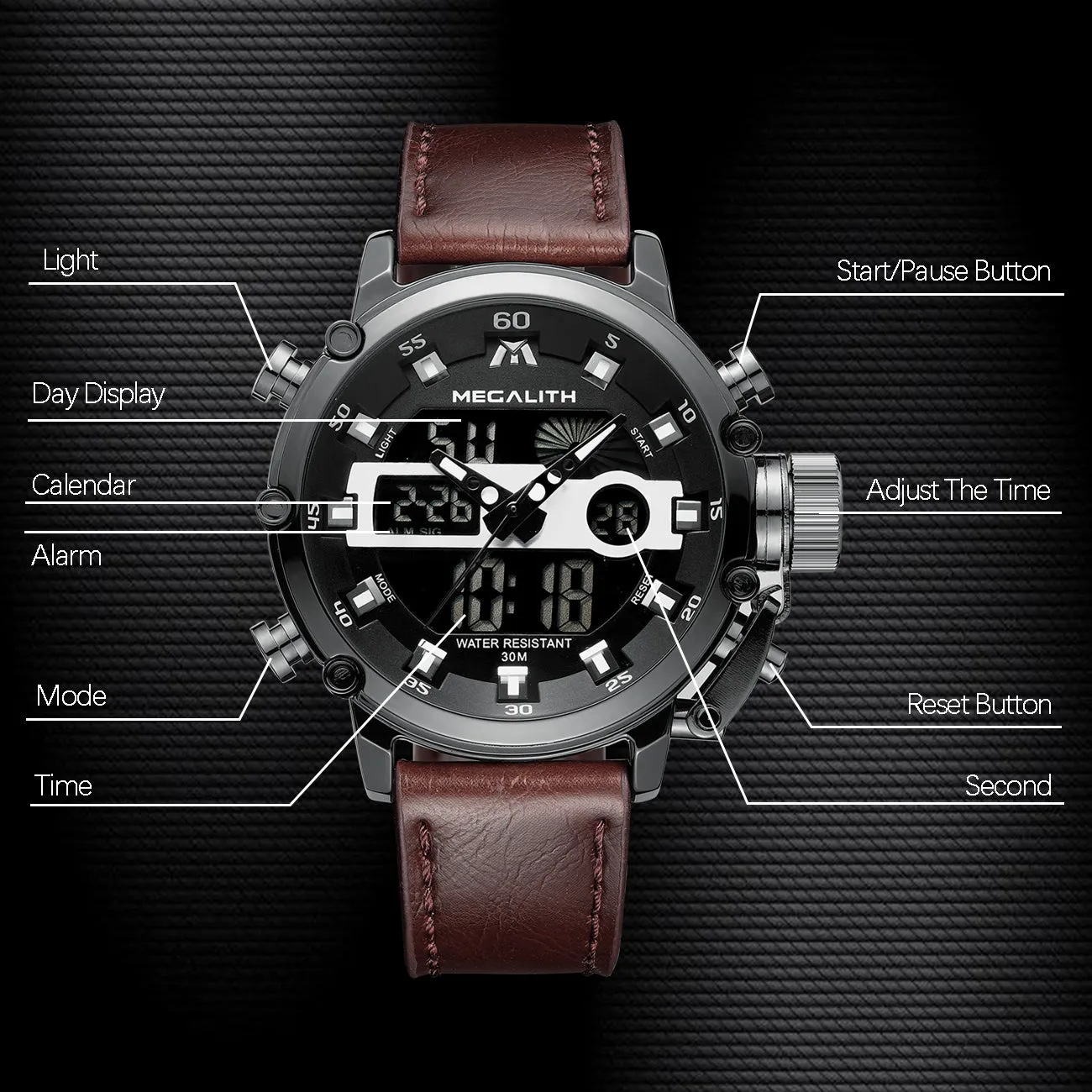 8051M Stylish Analog-Digital Mens Watch with Elegant Leather Band