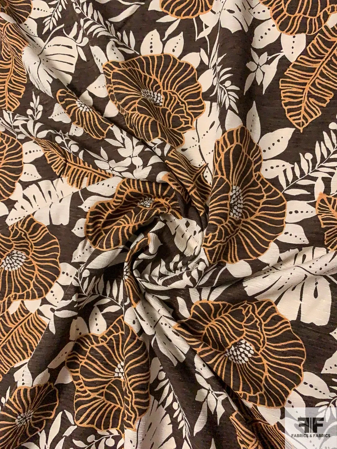 A Tropical Autumn Printed Basket Linen-Weave Cotton Silk - Brown / Peach / Ecru