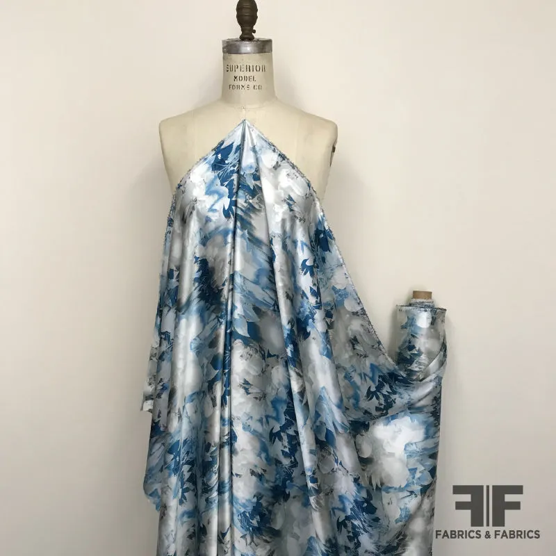 Abstract Floral Printed Silk Charmeuse - Blue