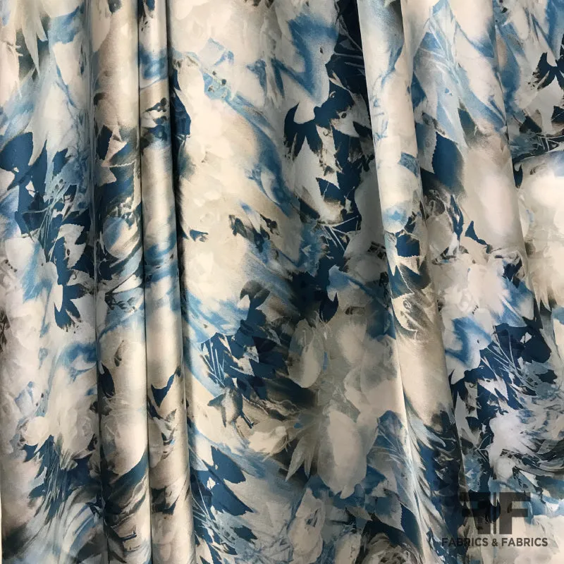 Abstract Floral Printed Silk Charmeuse - Blue