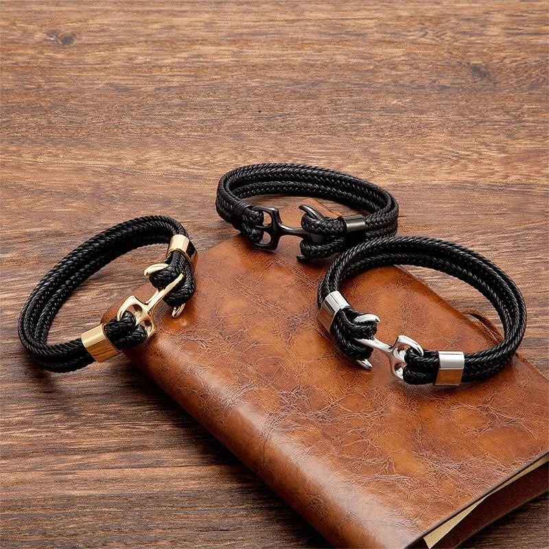 Anchor Black Braided Leather Bracelet