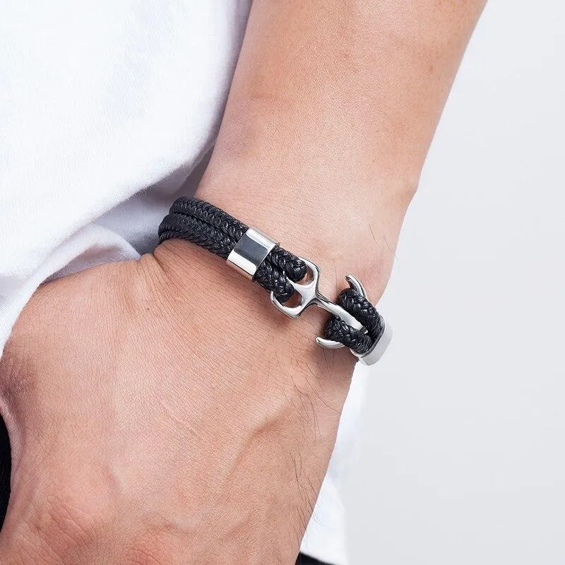 Anchor Black Braided Leather Bracelet