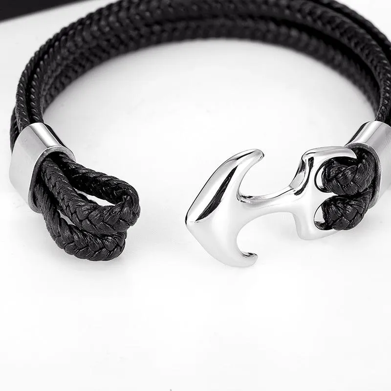 Anchor Black Braided Leather Bracelet