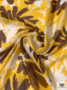 Animated Floral Silhouette Printed Cotton and Silk Voile - Yellow / Brown / White