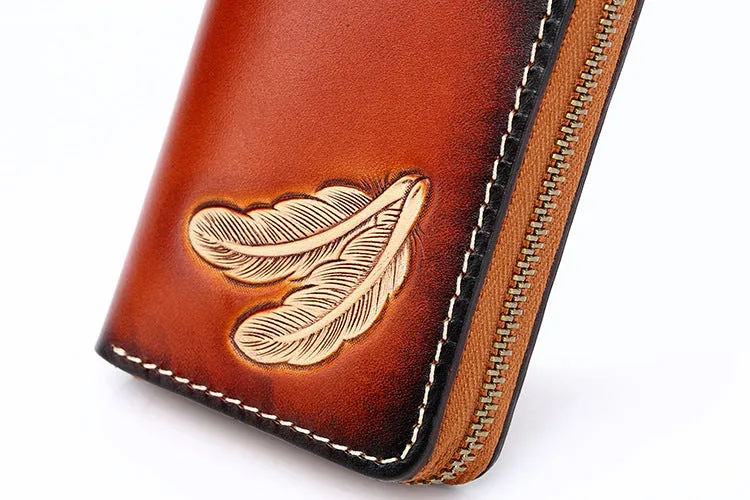 Around Zip Black Tooled Leather Card Wallet Mens Feather Zipper Card Holder for Men