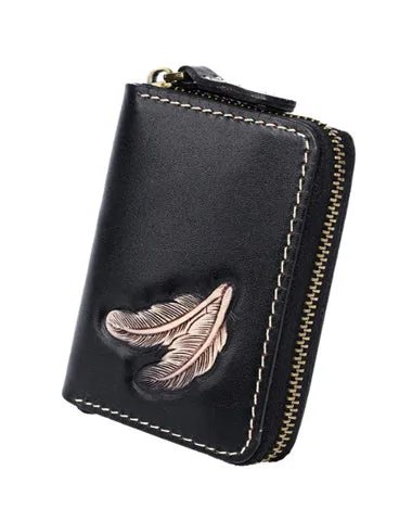 Around Zip Black Tooled Leather Card Wallet Mens Feather Zipper Card Holder for Men