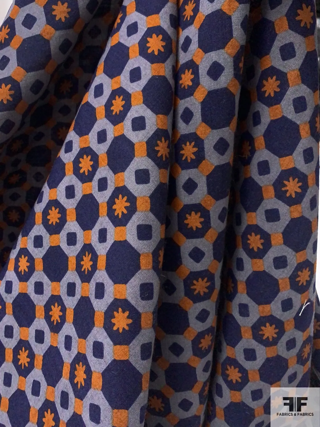 Art Deco Checkerboard Printed Wool Challis - Navy / Powder Blue / Ginger Orange