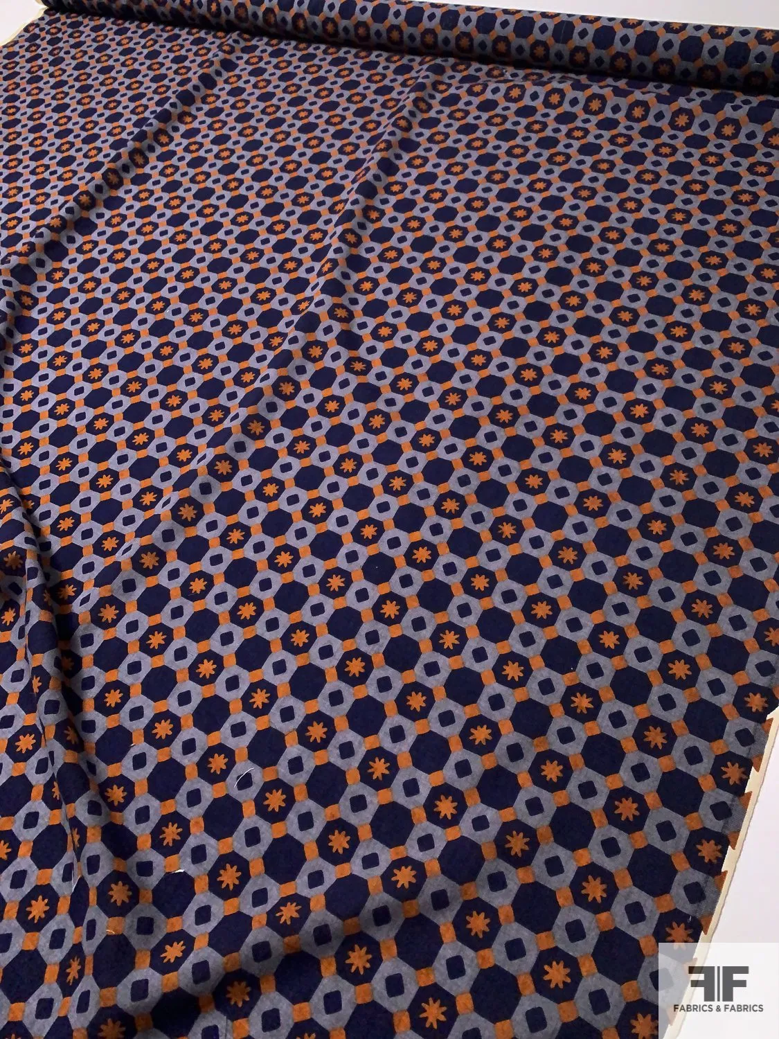 Art Deco Checkerboard Printed Wool Challis - Navy / Powder Blue / Ginger Orange