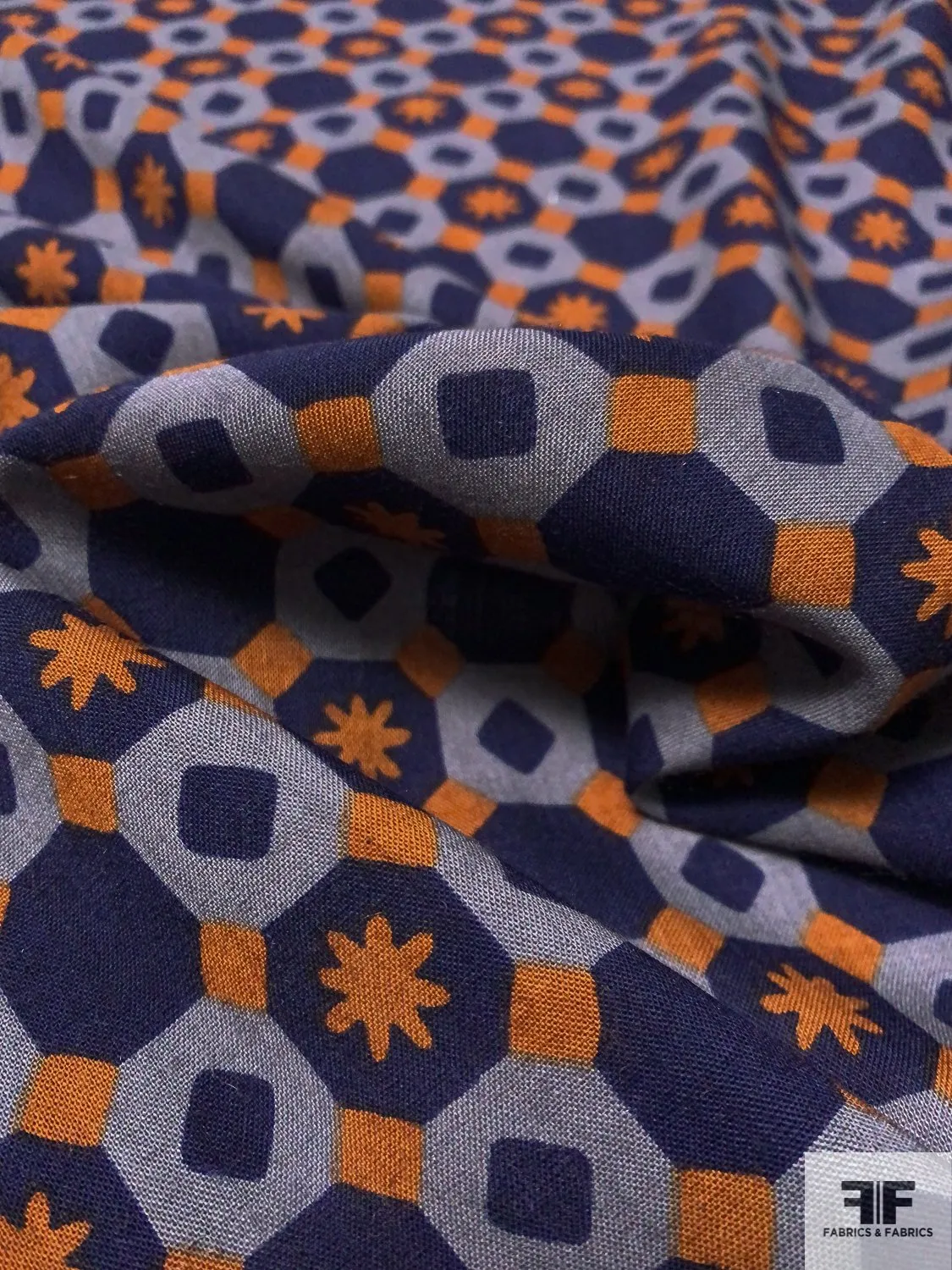 Art Deco Checkerboard Printed Wool Challis - Navy / Powder Blue / Ginger Orange