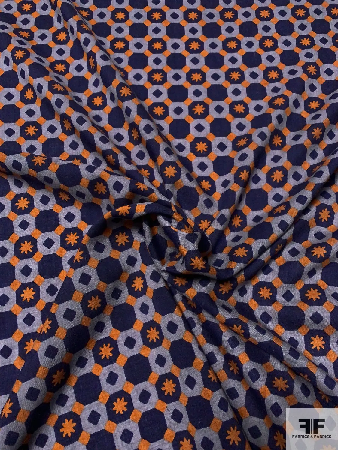 Art Deco Checkerboard Printed Wool Challis - Navy / Powder Blue / Ginger Orange