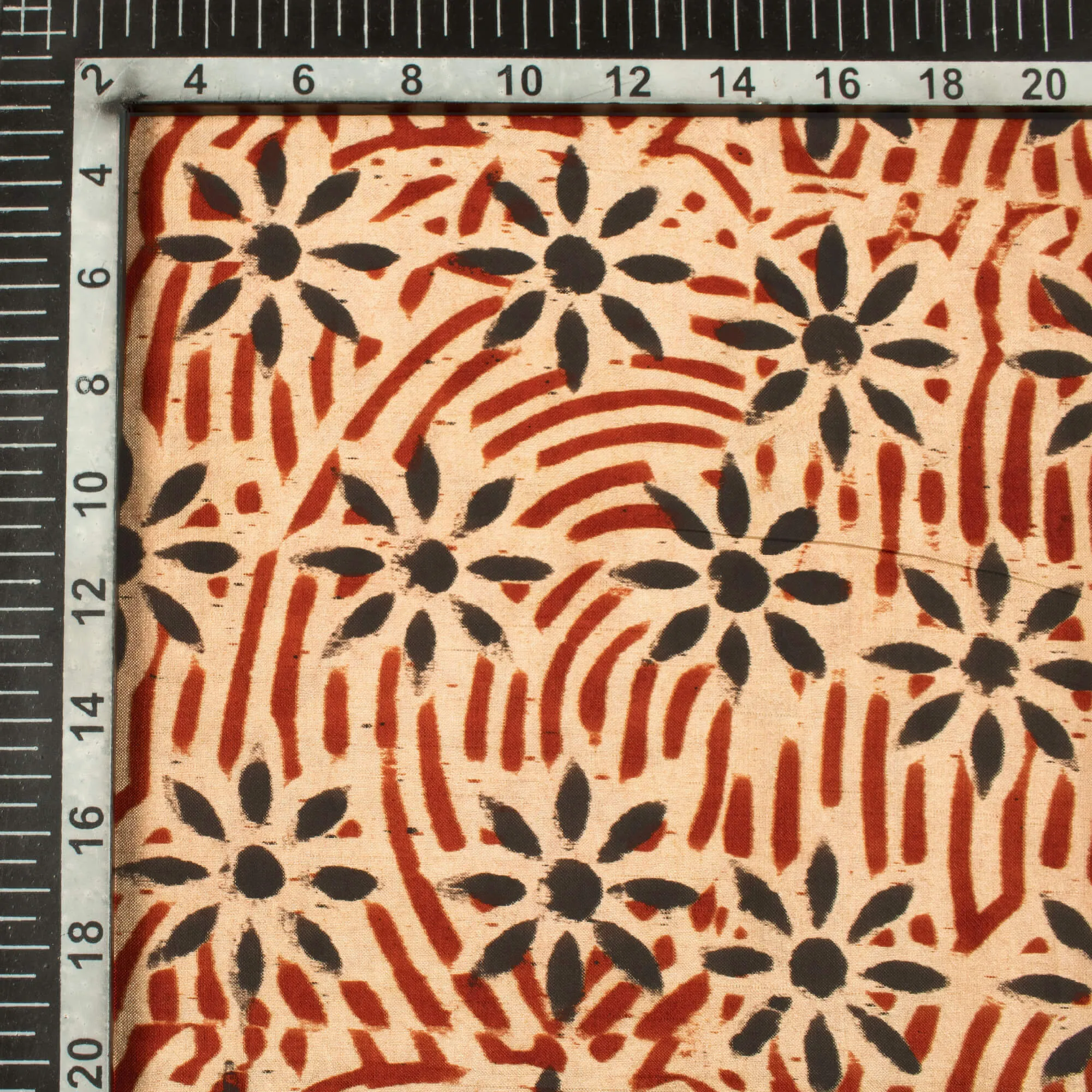 Beige And Black Floral Pattern Handblock Kalamkari Cotton Silk Fabric