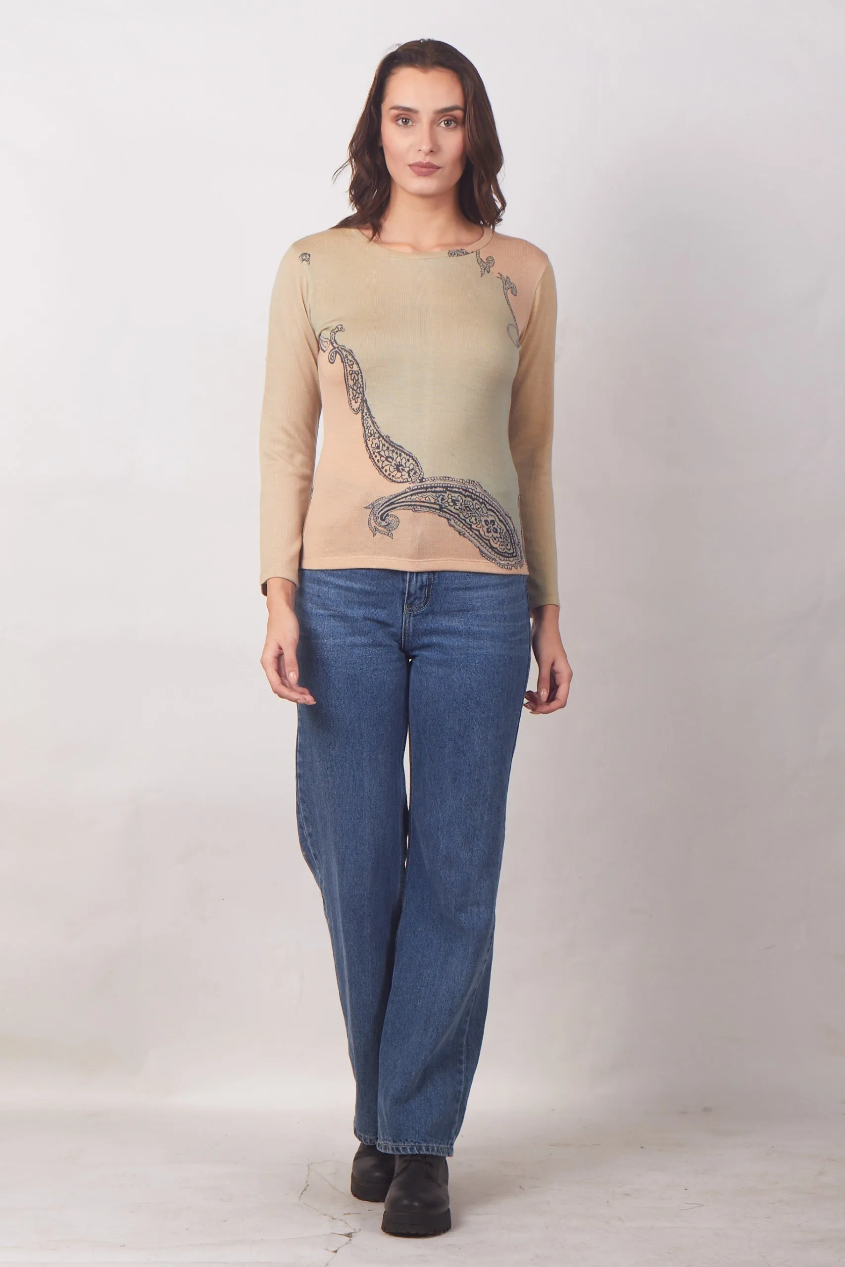 Beige Paisley Round-Neck Top