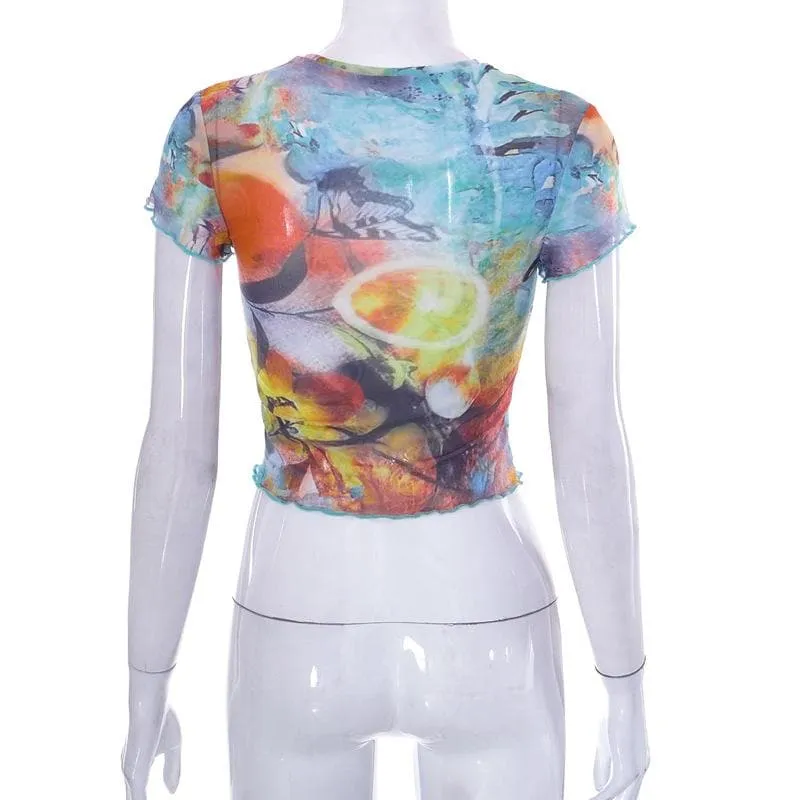 BerryBetty - Abstract print contrast short sleeve ruffle crewneck crop top