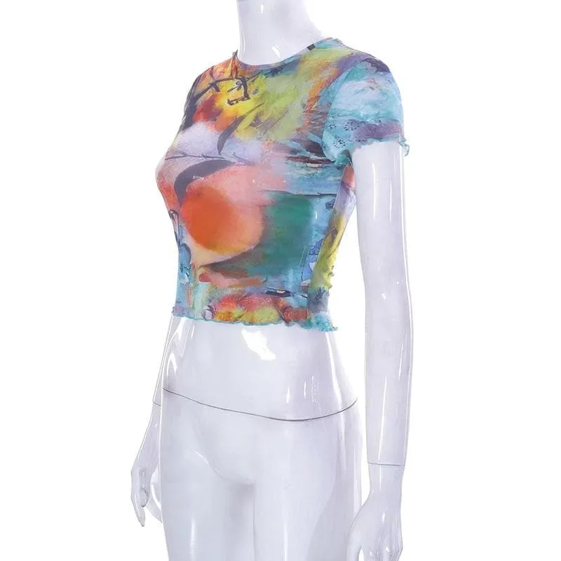 BerryBetty - Abstract print contrast short sleeve ruffle crewneck crop top