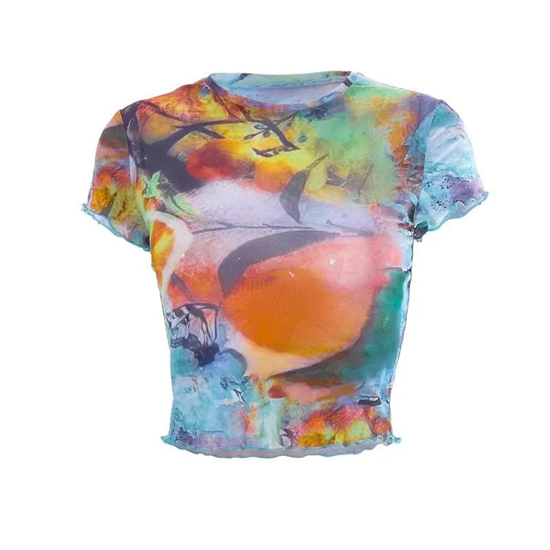 BerryBetty - Abstract print contrast short sleeve ruffle crewneck crop top