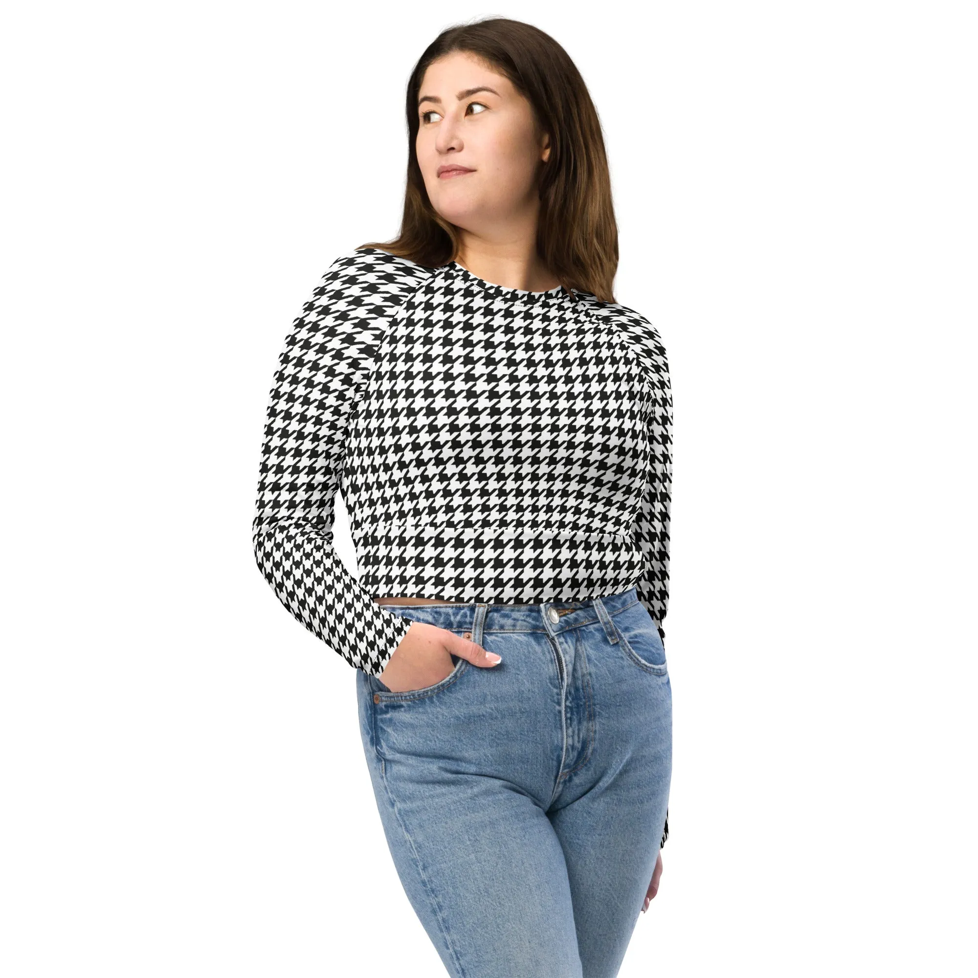 Black & White Houndstooth Print Recycled Long-sleeve Crop Top