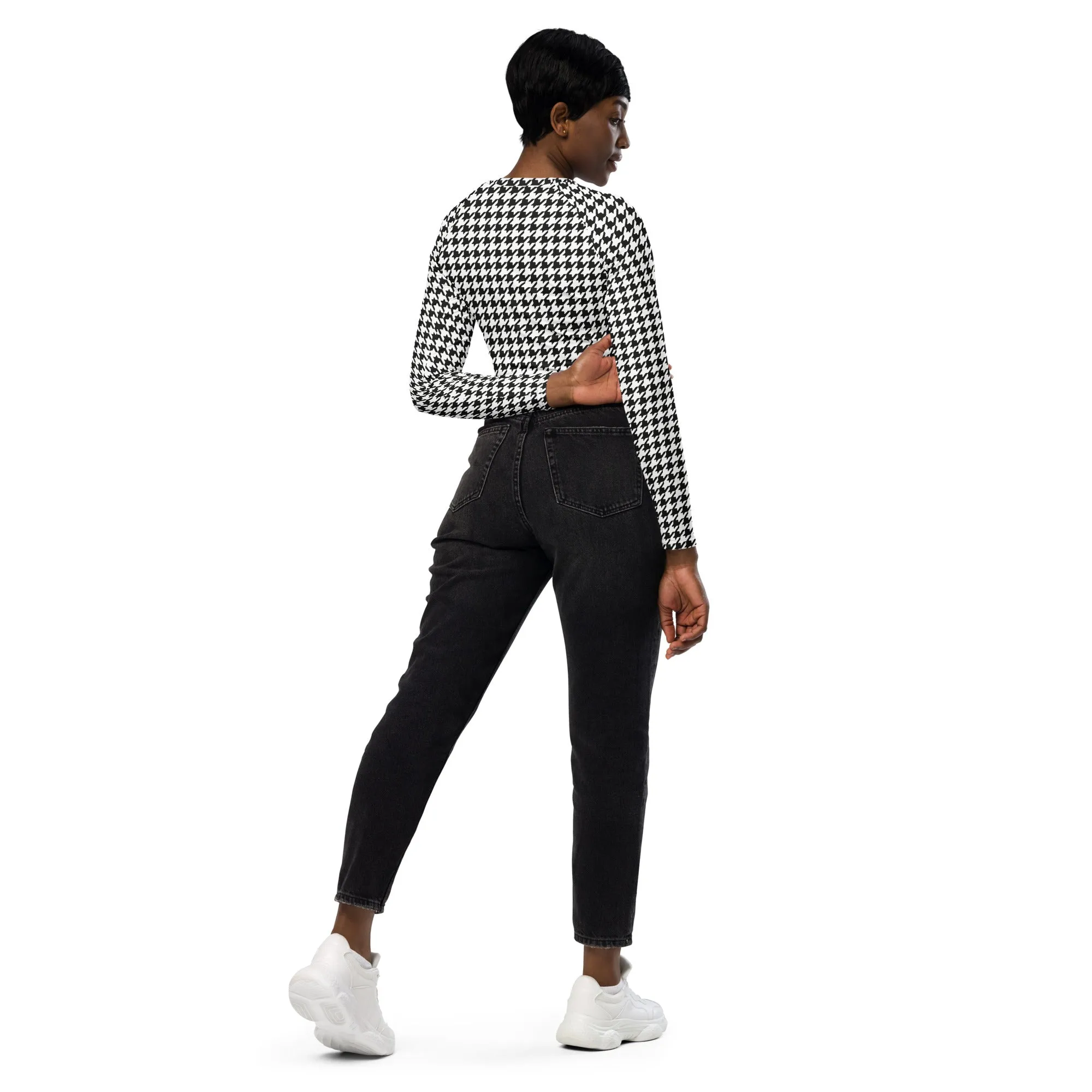 Black & White Houndstooth Print Recycled Long-sleeve Crop Top