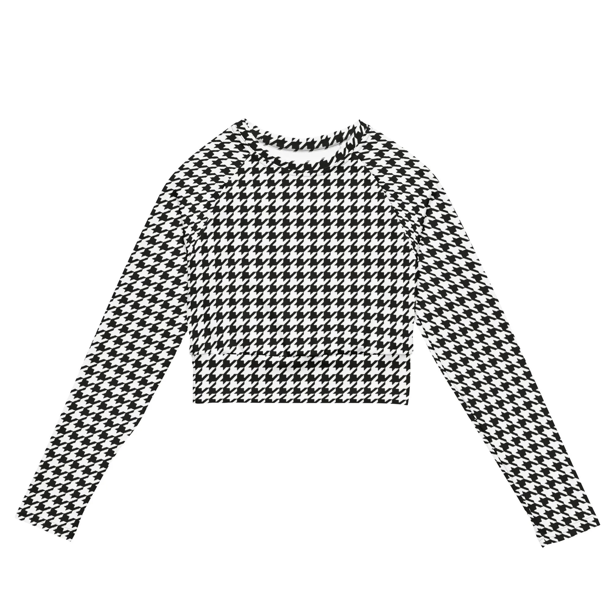 Black & White Houndstooth Print Recycled Long-sleeve Crop Top