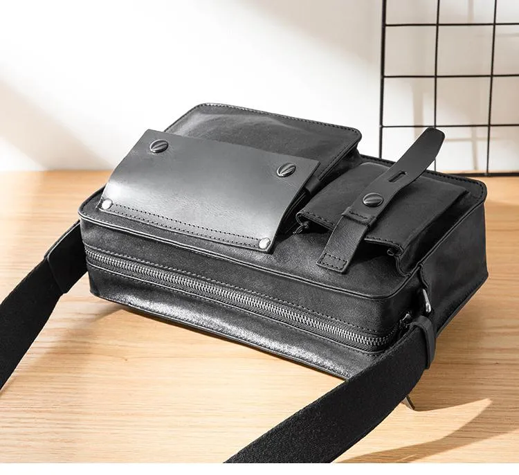 Black Cool Leather Mens 10inches Courier Bag Postman Bag Black Messenger Bags Side Bag for Men