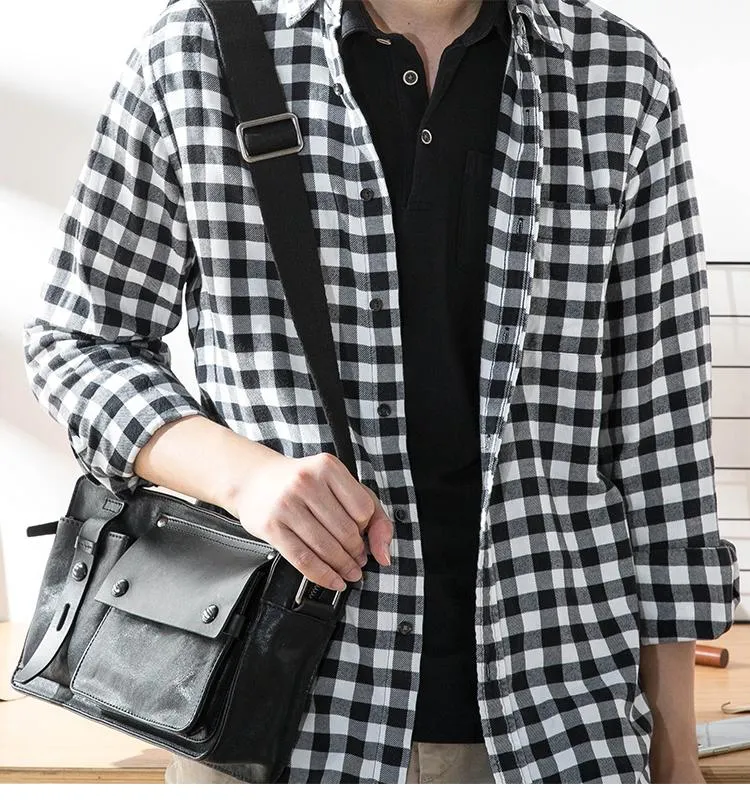 Black Cool Leather Mens 10inches Courier Bag Postman Bag Black Messenger Bags Side Bag for Men