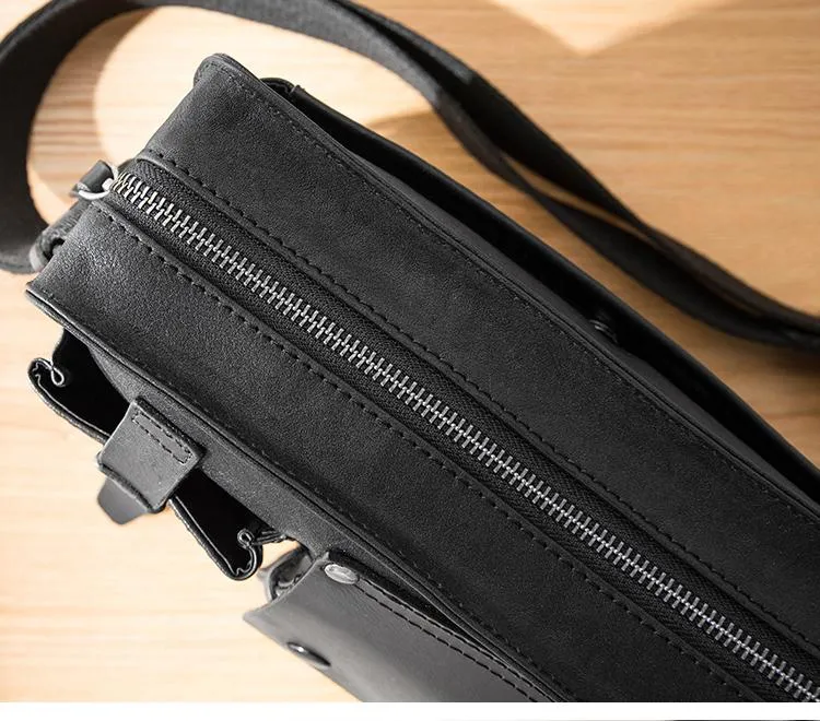 Black Cool Leather Mens 10inches Courier Bag Postman Bag Black Messenger Bags Side Bag for Men