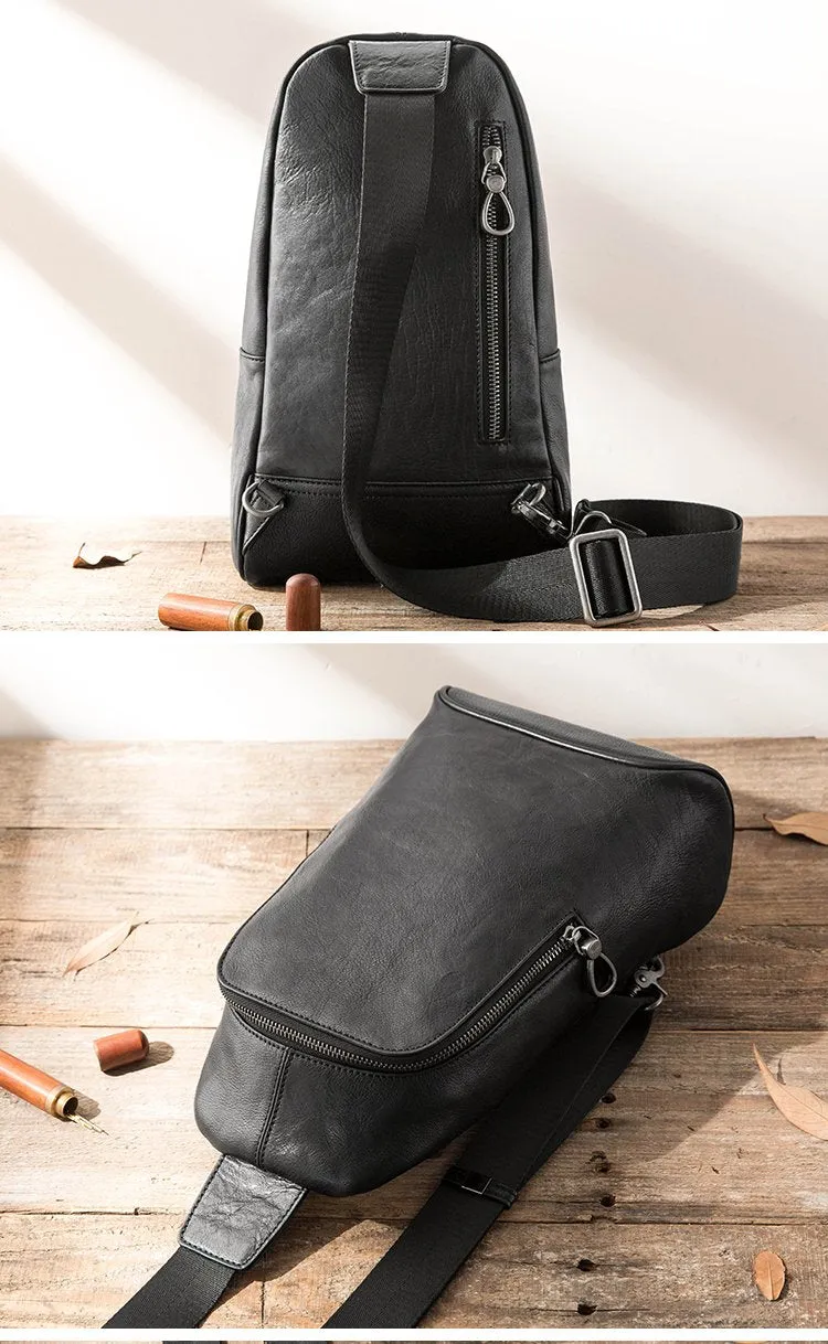 Black Cool Leather Mens Sling Bag Chest Bag Black One Shoulder Backpack Sling Pack for Men