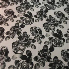 Black Flowers in a Gray Background Printed Silk Charmeuse Fabric