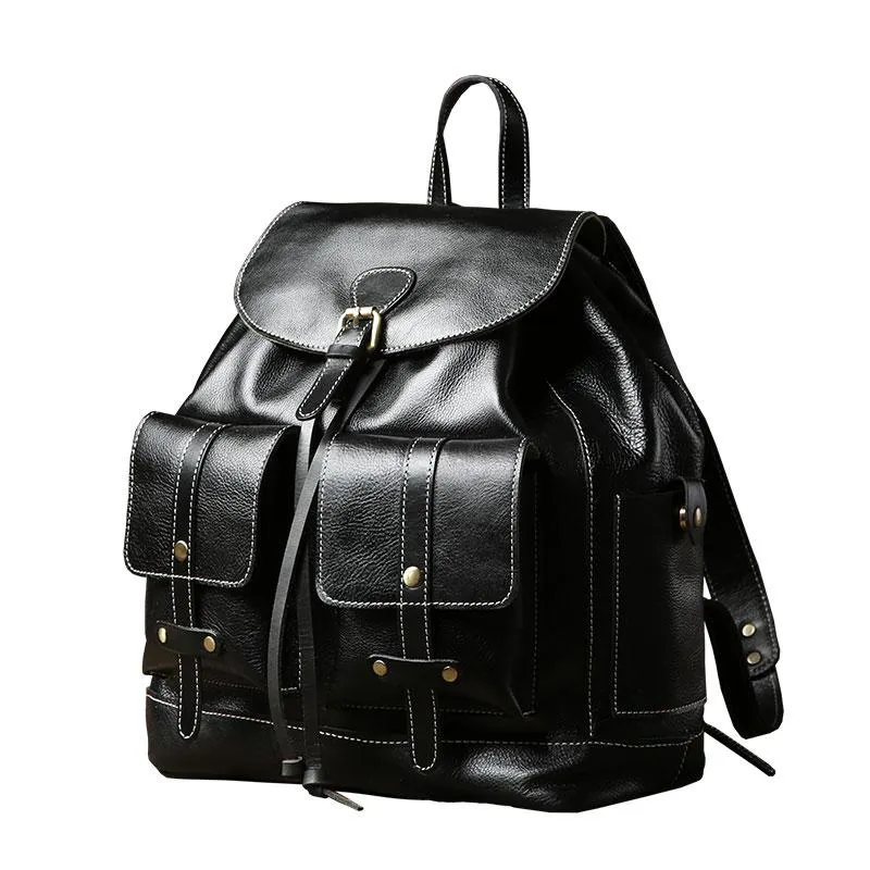 Black Leather Mens Cool Backpack Laptop Bag Large Travel Bags Hiking Backpack for Men