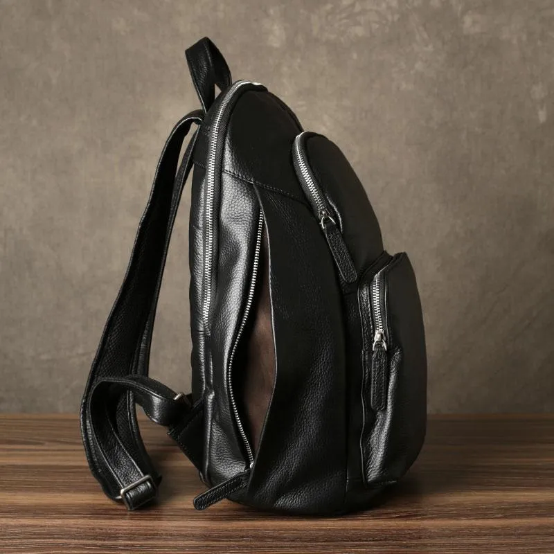 Black Leather Mens Cool Backpack Large Travel Backpack School Backpack for men