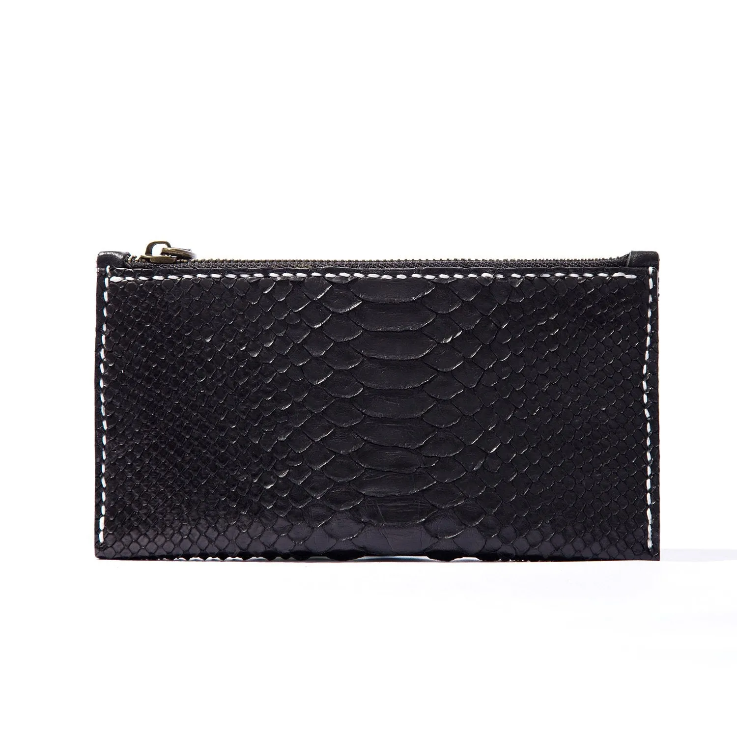 Black Snakeskin Leather Mens Slim Long Wallet Bifold Zipper Clutch Wallet For Men