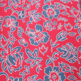 Blue Flowers on a Red Background Printed Jersey Stretch Fabric