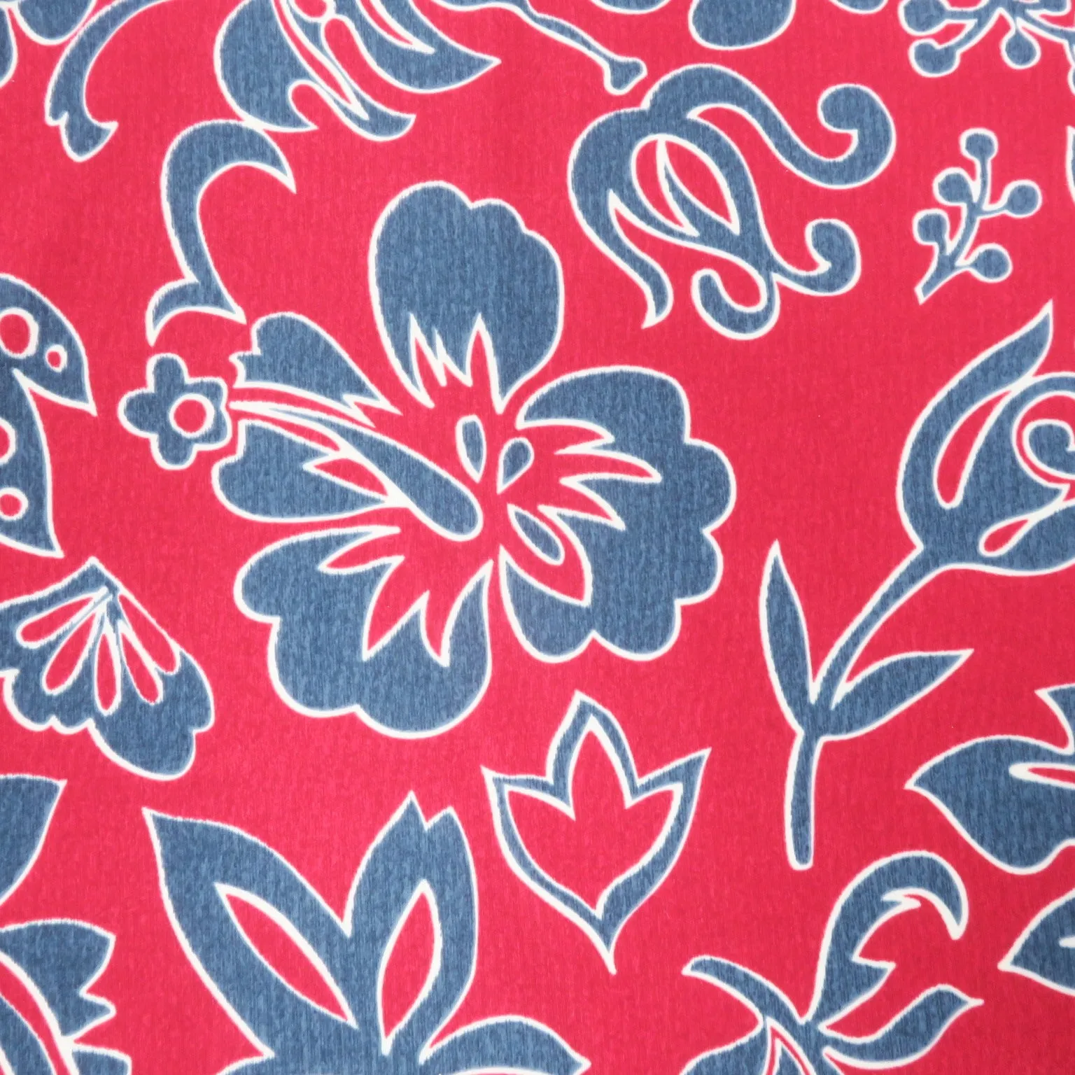 Blue Flowers on a Red Background Printed Jersey Stretch Fabric