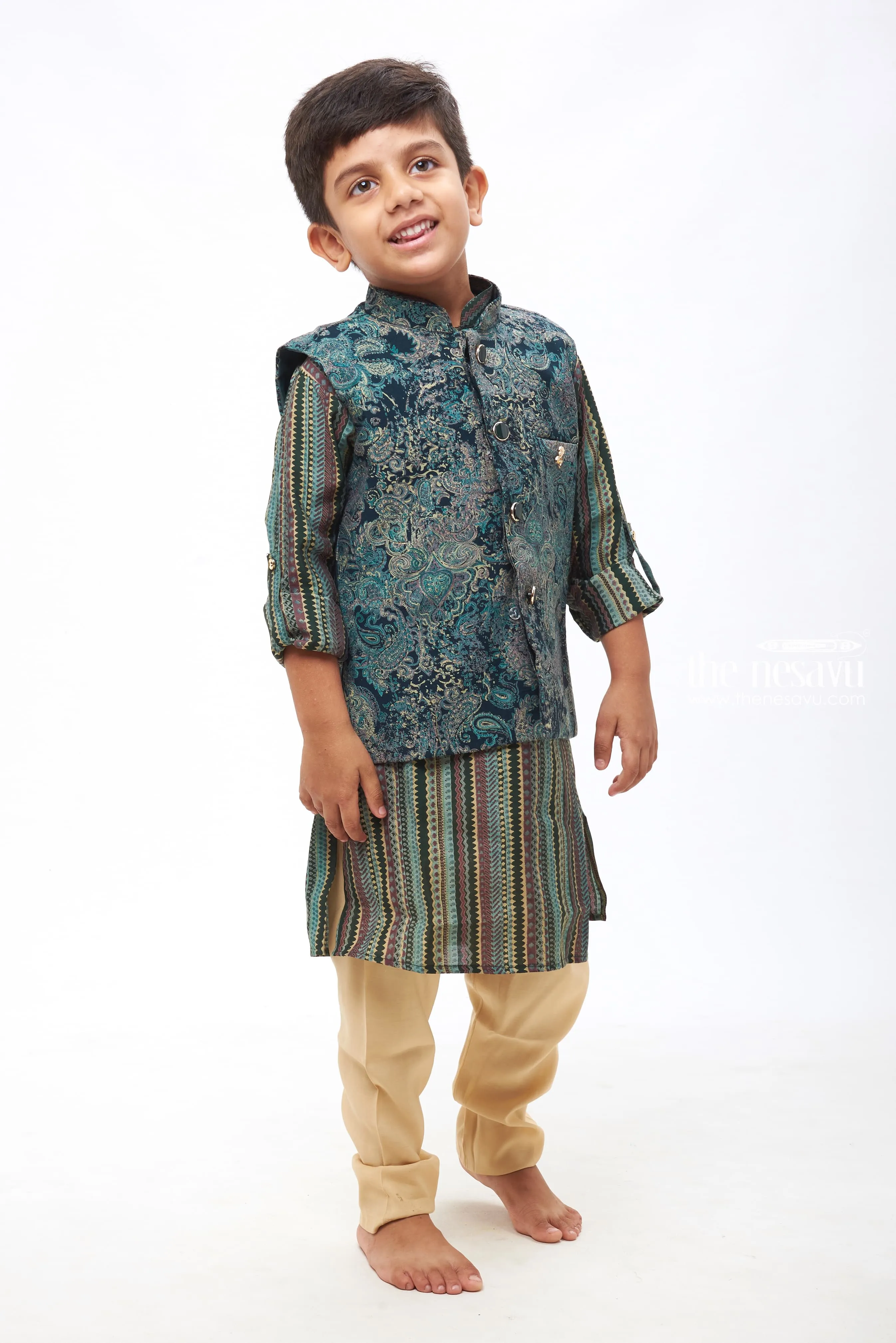 Boys Traditional Teal Kurtha with Intricate Floral Overcoat and Geometric Striped Jacket