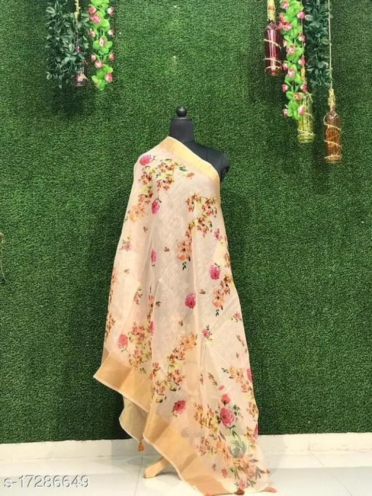 Cream Floral Digital Printed Linen Women Dupatta