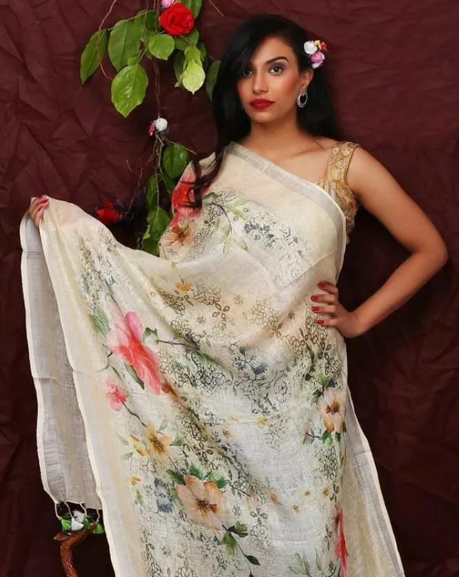 Cream Floral Digital Printed Linen Women Dupatta