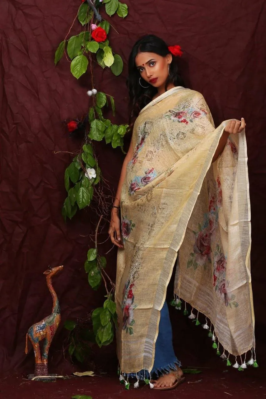 Cream Floral Digital Printed Linen Women Dupatta