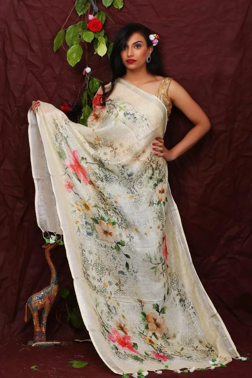 Cream Floral Digital Printed Linen Women Dupatta